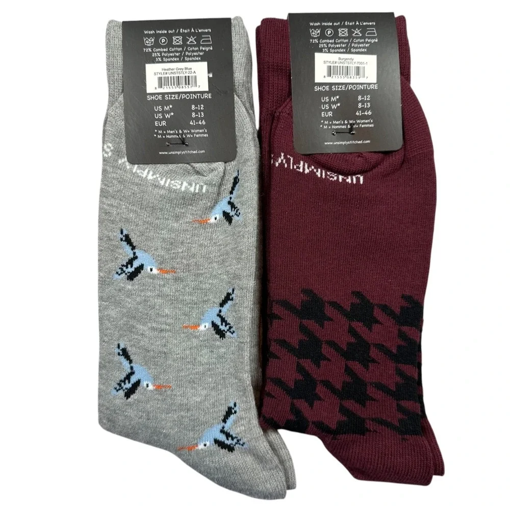 UNSIMPLY STITCHED Novelty Socks 2-Pairs Grey Blue Bird‎ & Burgundy Houndstooth